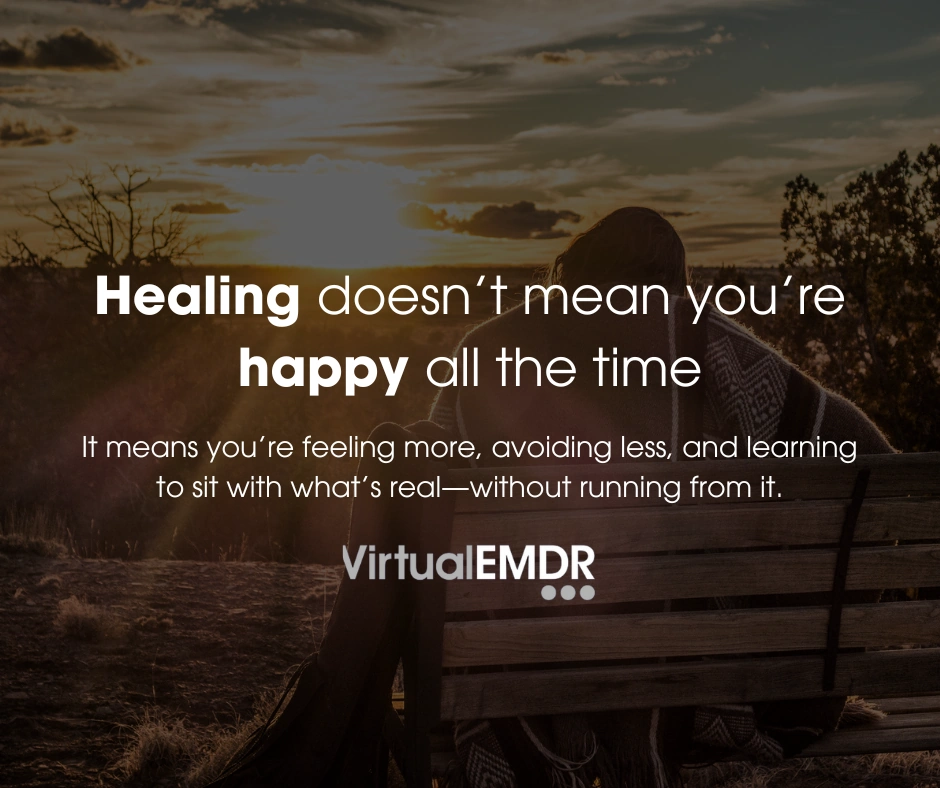 Virtual EMDR supplied artwork showing a person sitting on a bench at sunset, with a reflection about healing and feelings.