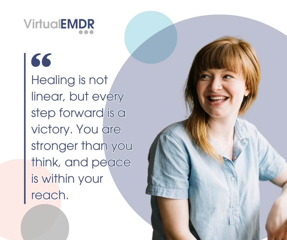 Virtual EMDR supplied artwork showing a smiling woman alongside a supportive message about progress.